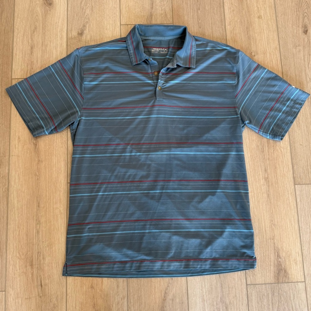 NIKE - Men's Striped Dri Fit Golf Polo Shirt - Blue and Red - Size L